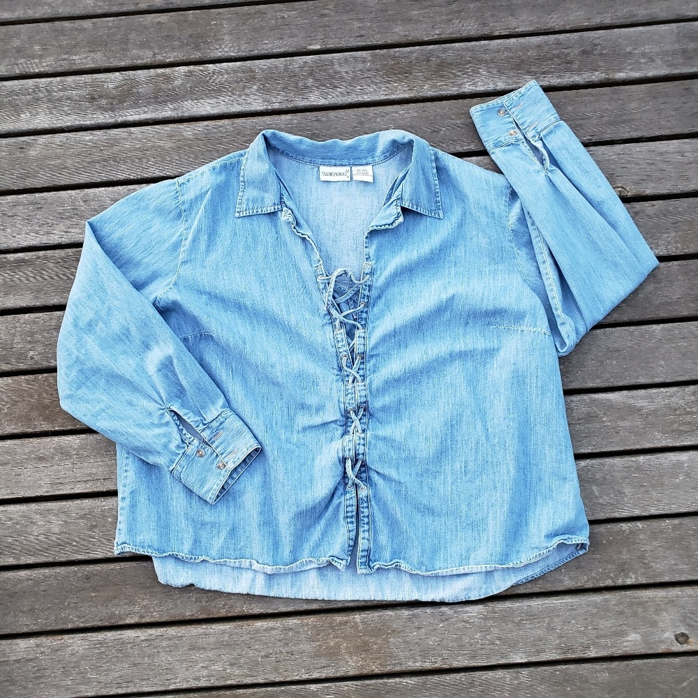 Fashion Bug Light Blue Denim Lace-Up Button Front Shirt